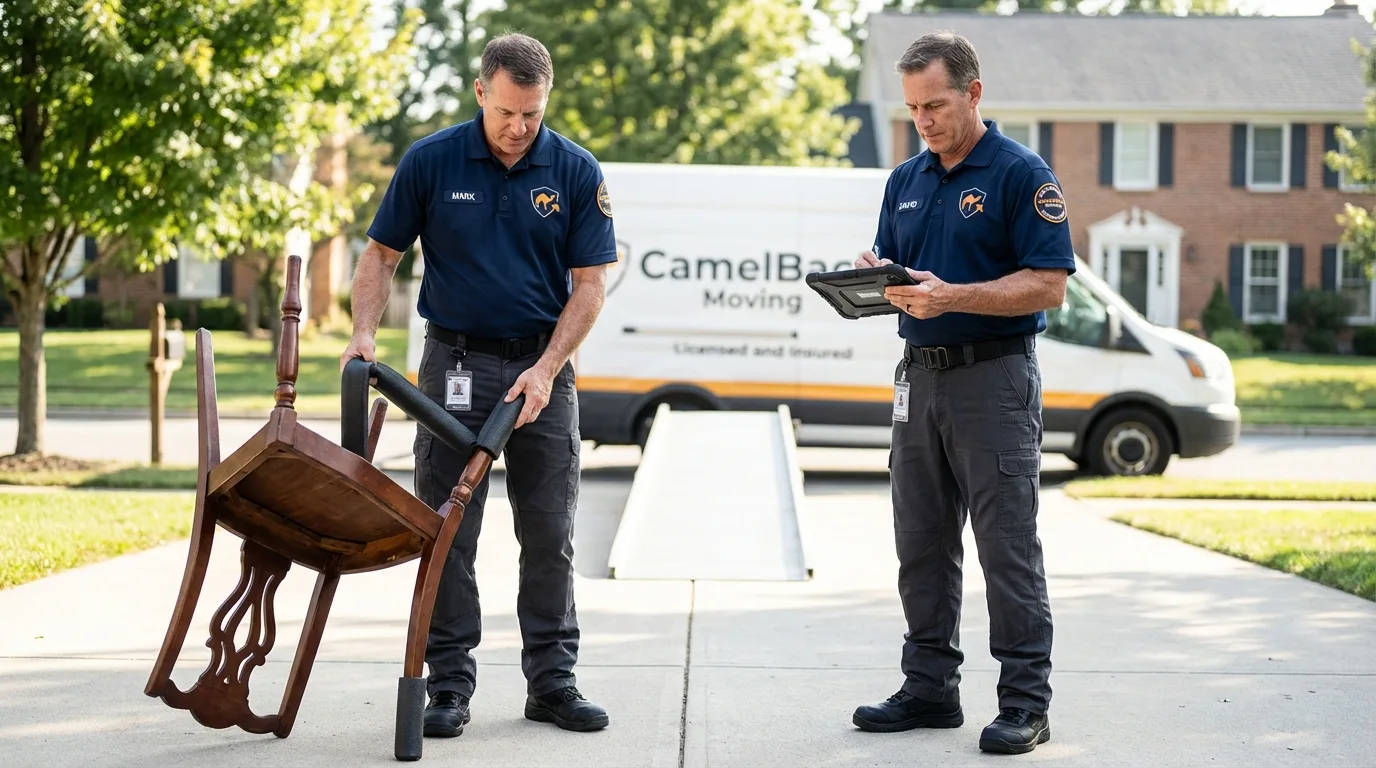 Movers inspecting furniture for damage prevention before loading in Port Saint Joe, FL