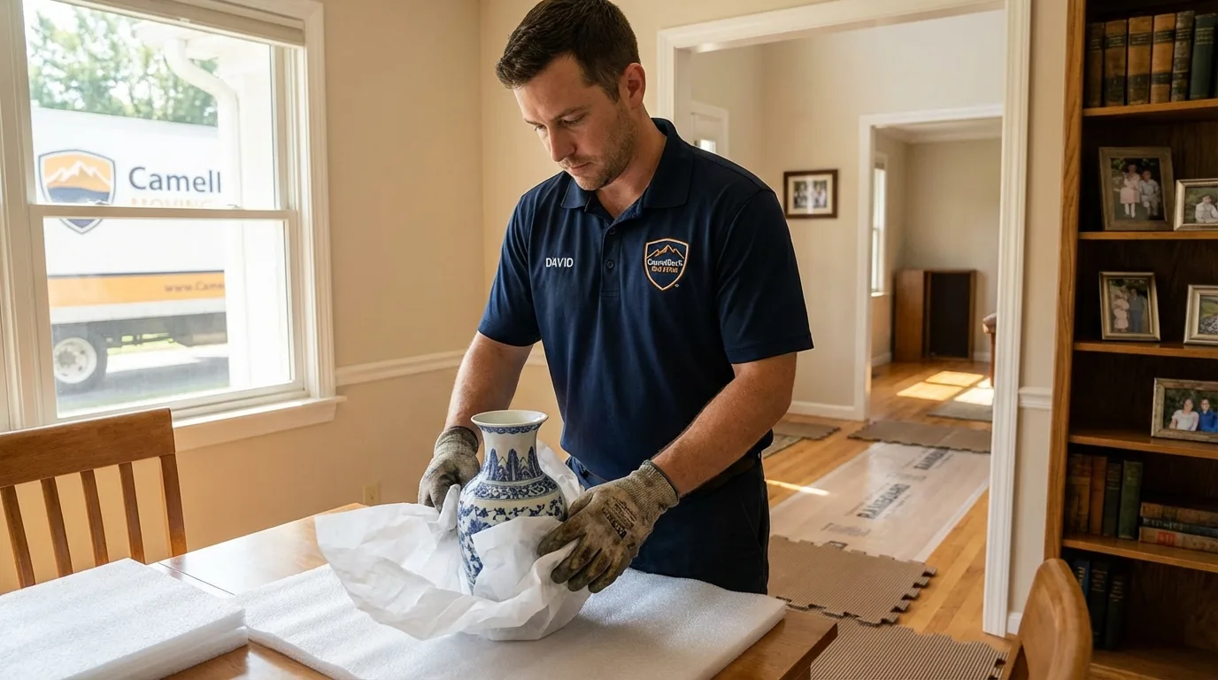 Professional crew carefully wrapping antique vase for senior downsizing move in Port Saint Joe, FL